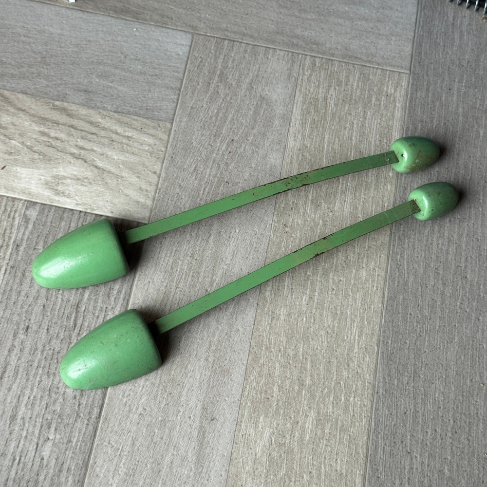 Vintage Green Wood and Metal Adjustable Shoe Trees Pair Mid Century Retro 11.5"